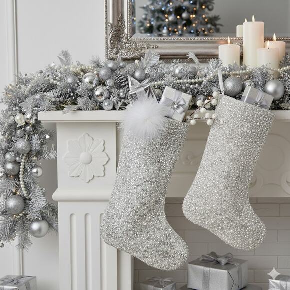 Rachel Zoe Christmas Stocking Stuffer Beaded Pearl Luxury Glam Shabby 19" EUC - Picture 4 of 10